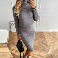 Damen Strickkleid mit Rollkragen und Langarm Design-Grau-S-Luzern Mode
