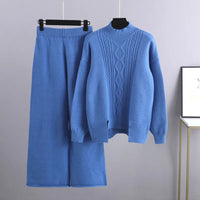 Damen Strickhose Weit Bein Elastisch Komfortabel-Blau-One Size-Luzern Mode