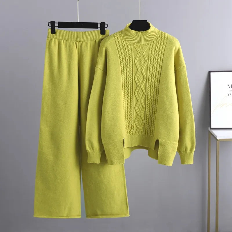 Damen Strickhose Weit Bein Elastisch Komfortabel-Gelb-One Size-Luzern Mode