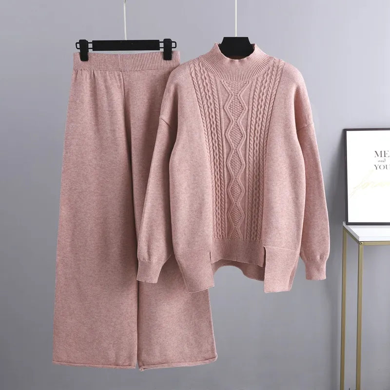 Damen Strickhose Weit Bein Elastisch Komfortabel-Rosa-One Size-Luzern Mode