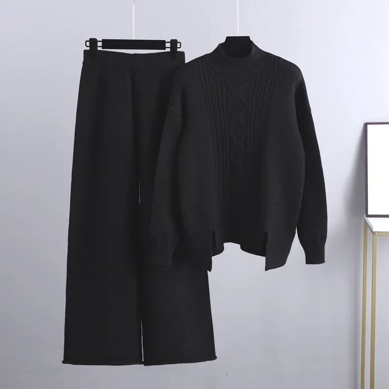 Damen Strickhose Weit Bein Elastisch Komfortabel-Schwarz-One Size-Luzern Mode