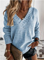 Damen Strickpullover V-Ausschnitt Herbstmode Elegant-Blau-S-Luzern Mode