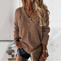 Damen Strickpullover V-Ausschnitt Herbstmode Elegant-Braun-S-Luzern Mode