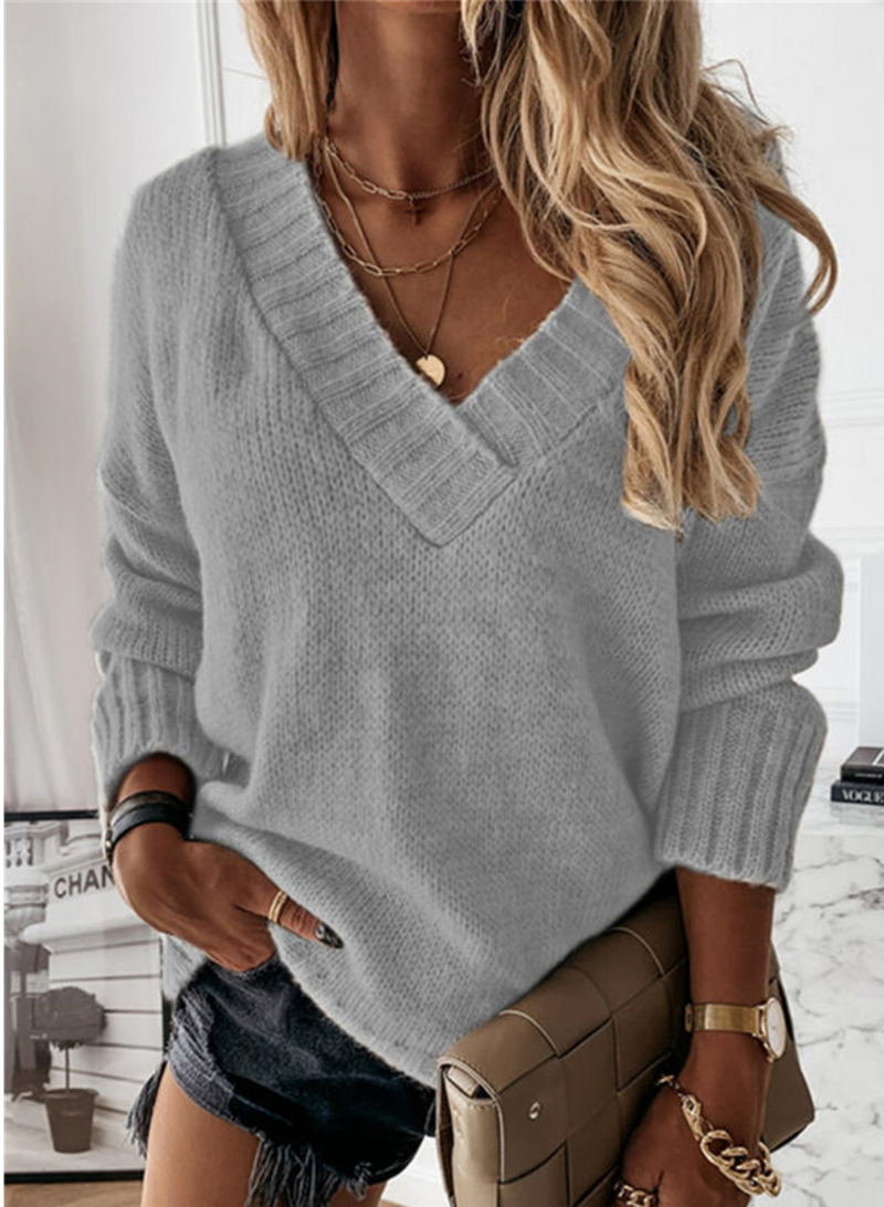 Damen Strickpullover V-Ausschnitt Herbstmode Elegant-Grau-S-Luzern Mode