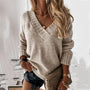 Damen Strickpullover V-Ausschnitt Herbstmode Elegant-Hellbraun-S-Luzern Mode