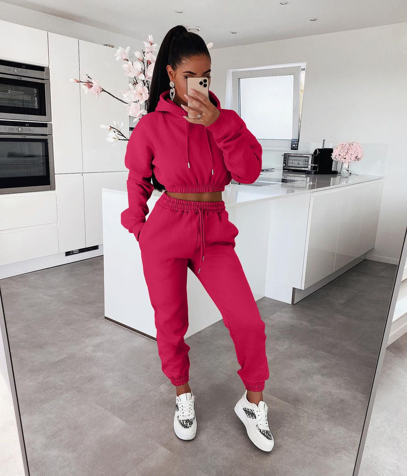 Damen Jogginganzug Set Kapuzenpullover und Jogginghose-Fuchsia-S-Luzern Mode