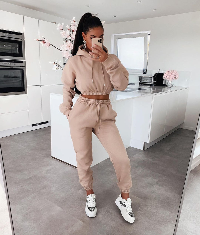 Damen Jogginganzug Set Kapuzenpullover und Jogginghose-Hellbraun-S-Luzern Mode