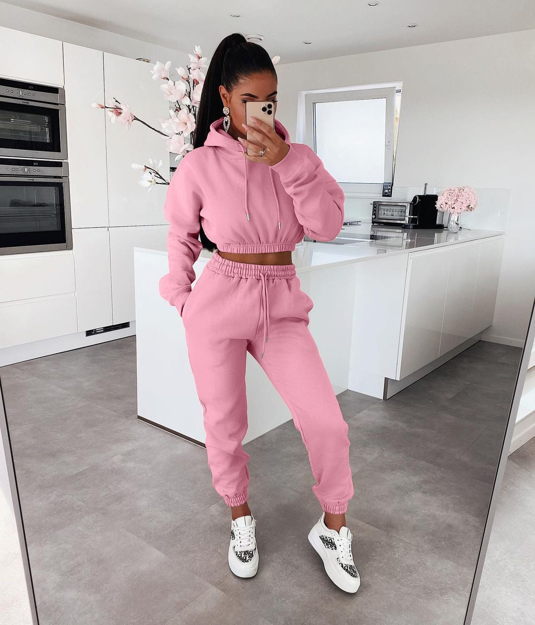 Damen Jogginganzug Set Kapuzenpullover und Jogginghose-Rosa-S-Luzern Mode