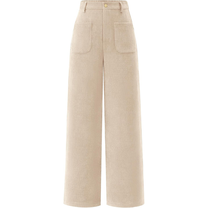 Damen Cordhose mit Hoher Taille und Weitem Bein-Beige-XS-Luzern Mode