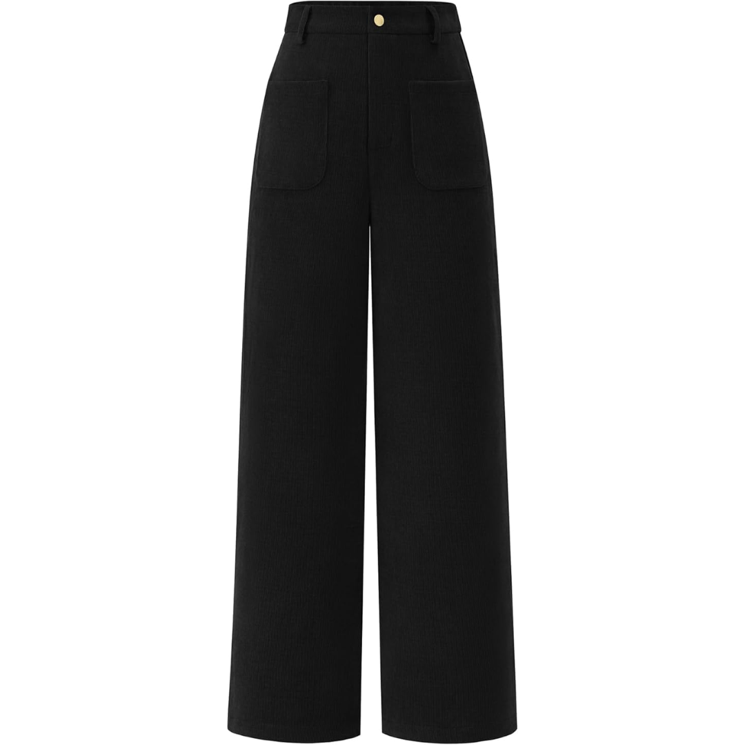 Damen Cordhose mit Hoher Taille und Weitem Bein-Schwarz-XS-Luzern Mode