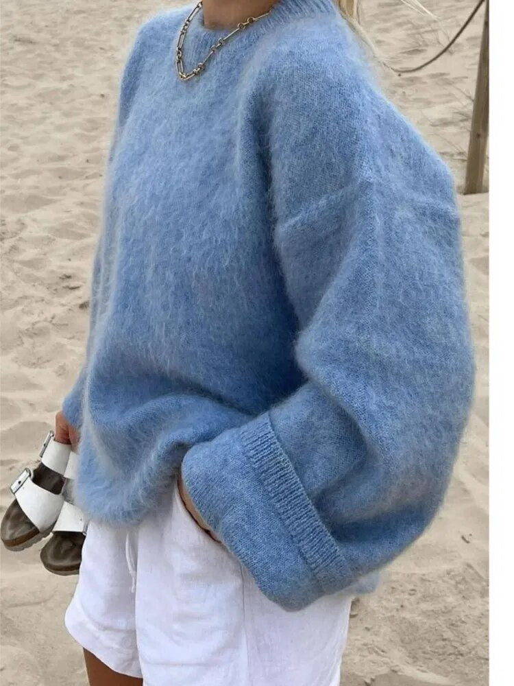 Oversized Strickpullover Damen - Kuscheliger Winterpullover-Blau-S-Luzern Mode