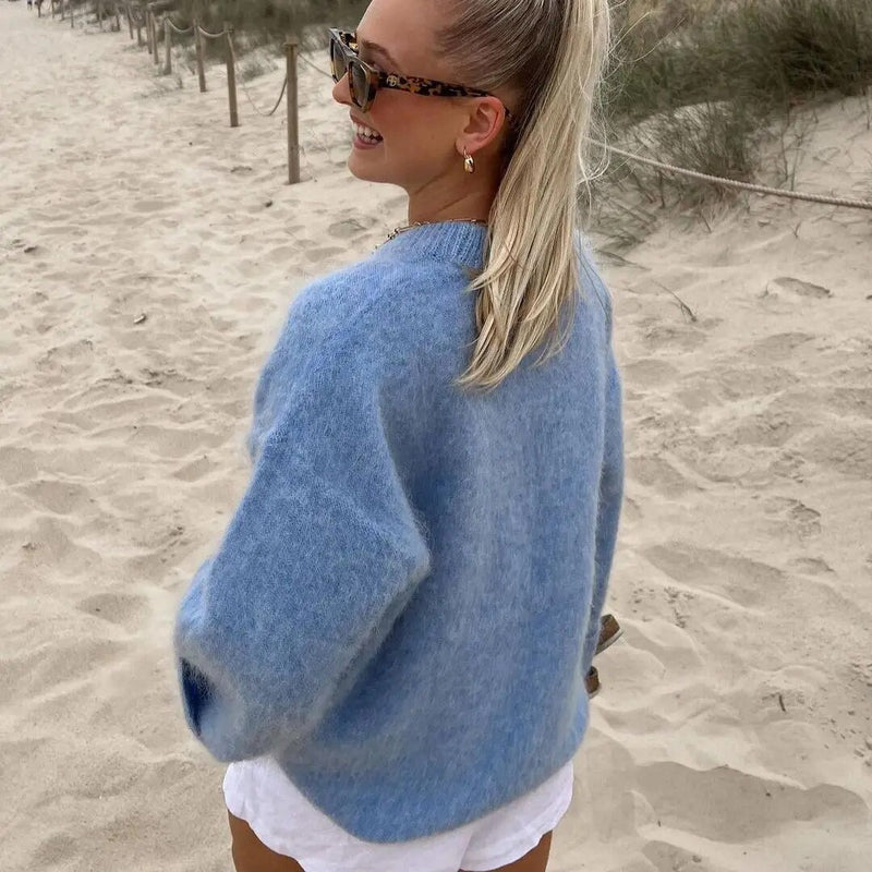 Oversized Strickpullover Damen - Kuscheliger Winterpullover-Blau-XL-Luzern Mode