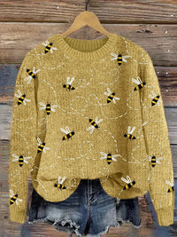 Bienenmuster Pullover Damen - Strickmode Herbst/Winter-Gelb-S-Luzern Mode