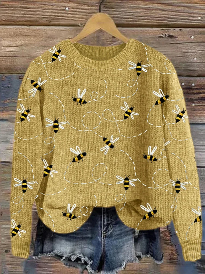 Bienenmuster Pullover Damen - Strickmode Herbst/Winter-Gelb-S-Luzern Mode