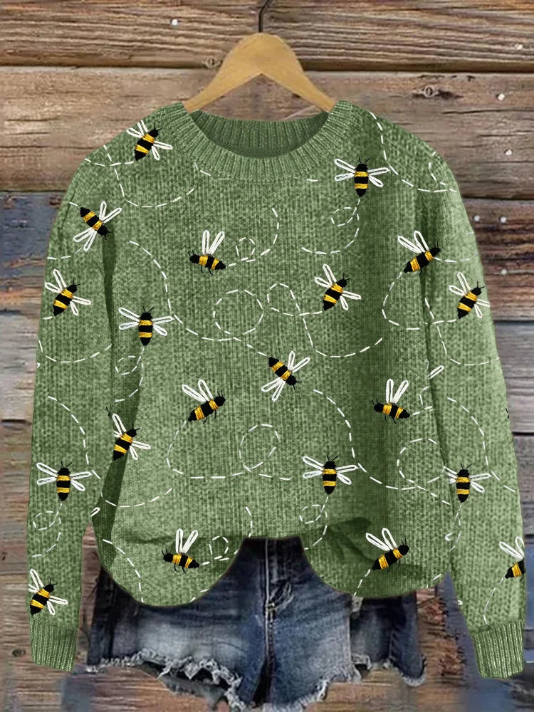 Bienenmuster Pullover Damen - Strickmode Herbst/Winter-Grün-S-Luzern Mode