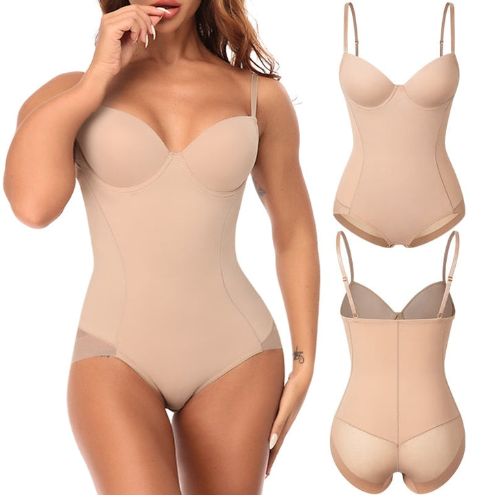 Schlankmachender Bodysuit | Nahtlos | Einfarbig | V-Ausschnitt | Hebeeffekt-Beige-S-Luzern Mode