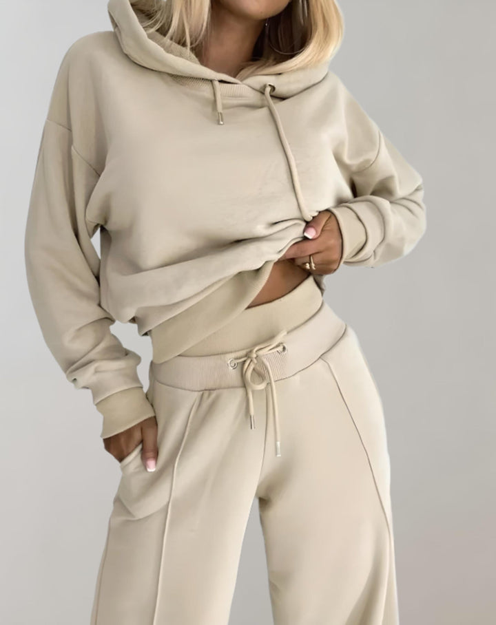 Damen Jogginganzug Kapuzenpullover und Jogginghose Set-Beige-S-Luzern Mode