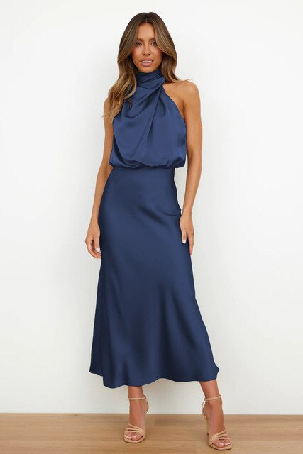 Elegantes Satin Abendkleid Damen mit Halterneck Design-Blau-S-Luzern Mode