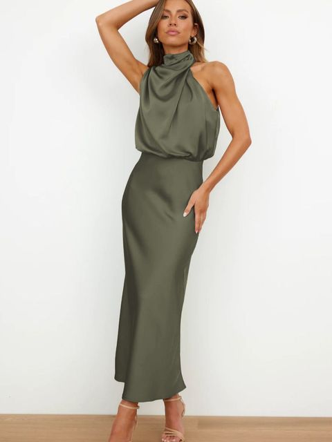 Elegantes Satin Abendkleid Damen mit Halterneck Design-Grün-S-Luzern Mode