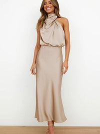 Elegantes Satin Abendkleid Damen mit Halterneck Design-Khaki-S-Luzern Mode