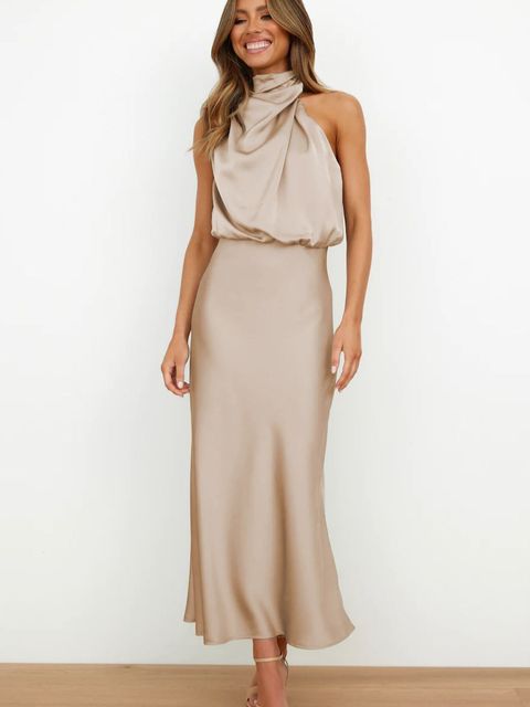Elegantes Satin Abendkleid Damen mit Halterneck Design-Khaki-S-Luzern Mode