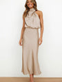 Elegantes Satin Abendkleid Damen mit Halterneck Design-Khaki-S-Luzern Mode