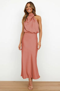 Elegantes Satin Abendkleid Damen mit Halterneck Design-Rot-S-Luzern Mode