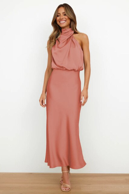 Elegantes Satin Abendkleid Damen mit Halterneck Design-Rot-S-Luzern Mode