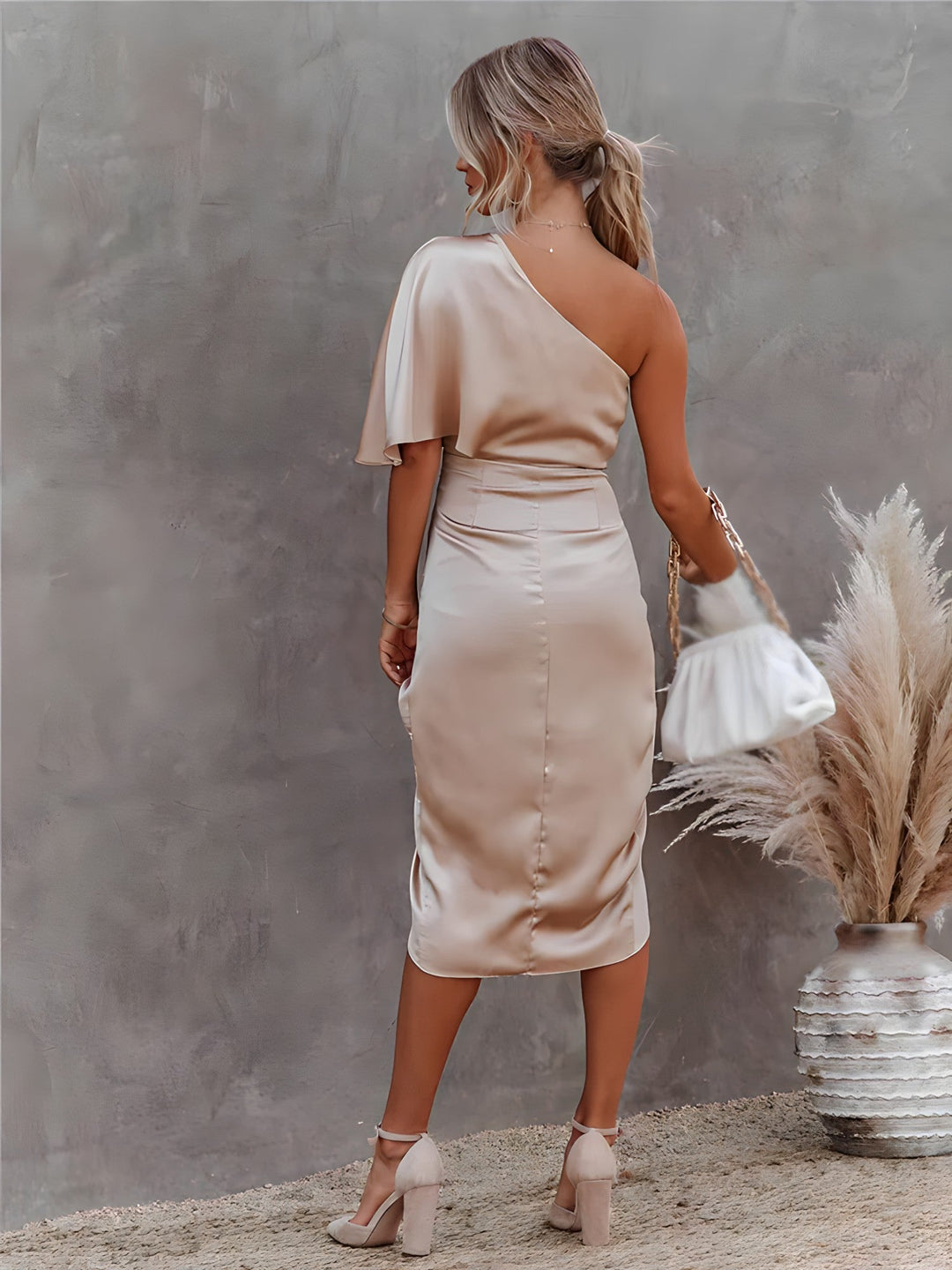 Midi Cocktailkleid | Ein Schulter | Asymmetrisch | Schlitz | Halbarm-Luzern Mode