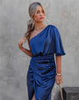 Midi Cocktailkleid | Ein Schulter | Asymmetrisch | Schlitz | Halbarm-Blau-S-Luzern Mode