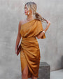 Midi Cocktailkleid | Ein Schulter | Asymmetrisch | Schlitz | Halbarm-Gold-S-Luzern Mode