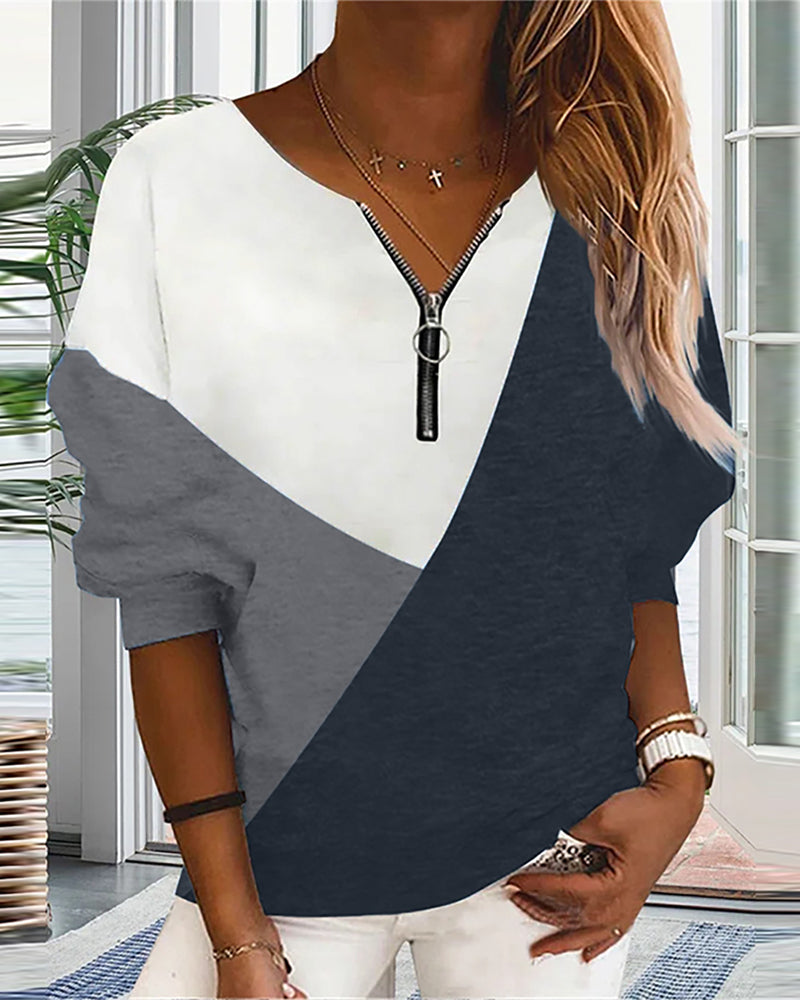 Damen Langarmshirt mit Reißverschluss und V-Ausschnitt-Luzern Mode
