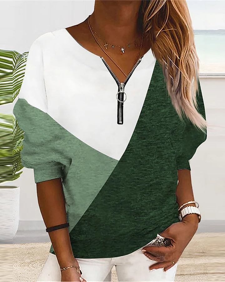 Damen Langarmshirt mit Reißverschluss und V-Ausschnitt-Luzern Mode