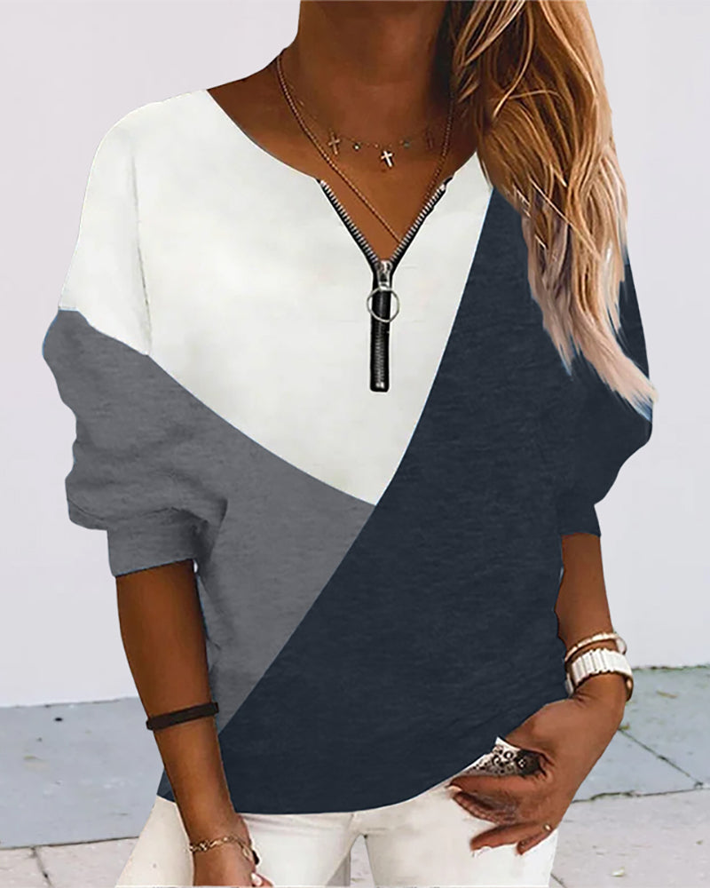 Damen Langarmshirt mit Reißverschluss und V-Ausschnitt-Grau-S-Luzern Mode