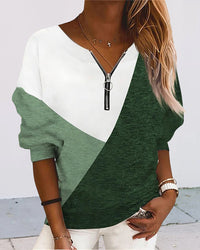 Damen Langarmshirt mit Reißverschluss und V-Ausschnitt-Grün-S-Luzern Mode