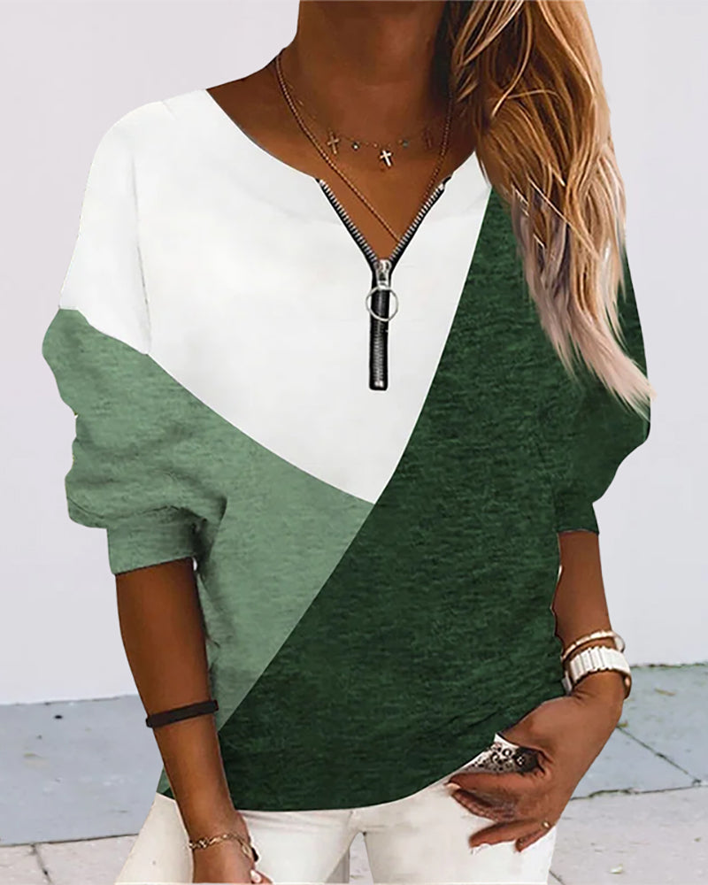 Damen Langarmshirt mit Reißverschluss und V-Ausschnitt-Grün-S-Luzern Mode