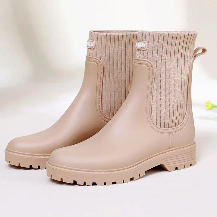 Damen Stiefeletten mit Strickdetail - Bequeme Herbstschuhe-Beige-36-Luzern Mode