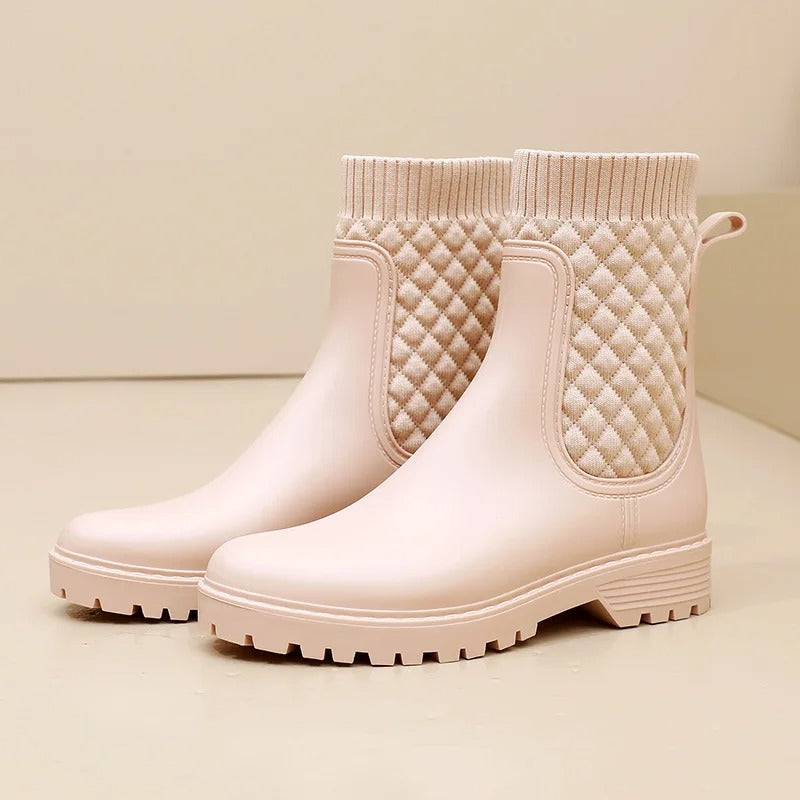 Damen Stiefeletten mit Strickdetail - Bequeme Herbstschuhe-Beige gewebt-36-Luzern Mode