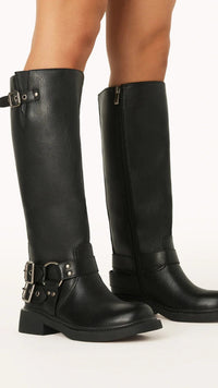Damen Stiefel mit Schnallen und Reißverschluss, Lederoptik-36-Luzern Mode