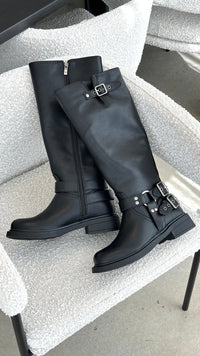 Damen Stiefel mit Schnallen und Reißverschluss, Lederoptik-Luzern Mode