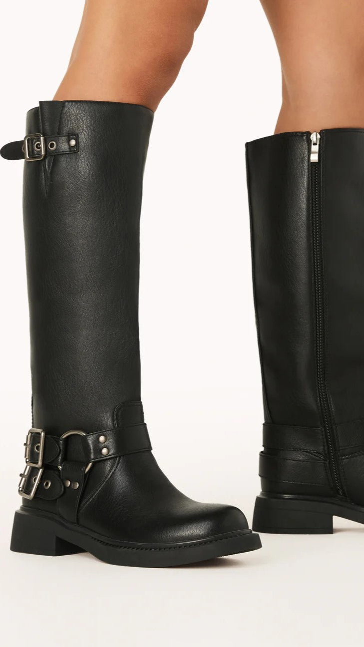 Damen Stiefel mit Schnallen und Reißverschluss, Lederoptik-Luzern Mode