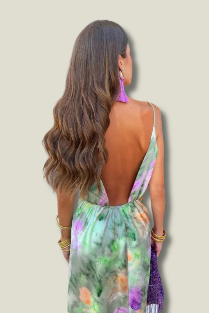 Grünes Maxi-Kleid | Offener Rücken | Ärmellos | Spaghettiträger | Korsett-Luzern Mode