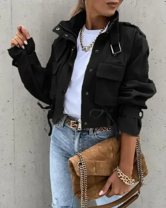 Damen Sommerjacke | Cropped | Baumwolle-Mix | Knopfleiste | Kragen-Schwarz-S-Luzern Mode