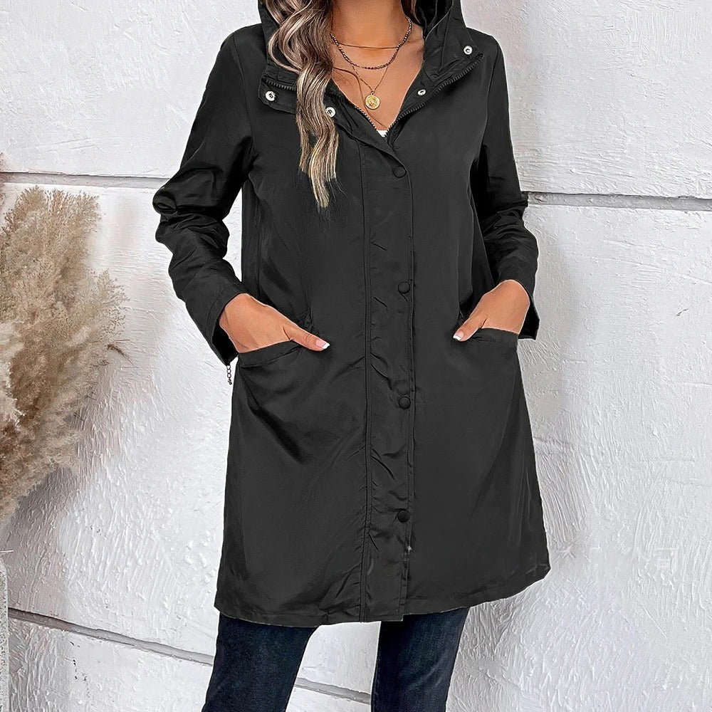 Damen Herbstmantel lang mit hohem Kragen & Knopf-Riegel – Leandra