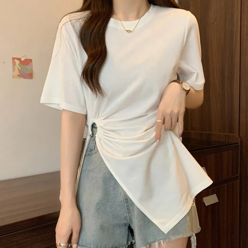 Damen T-Shirt mit seitlicher Raffung und asymmetrischem Design-Luzern Mode