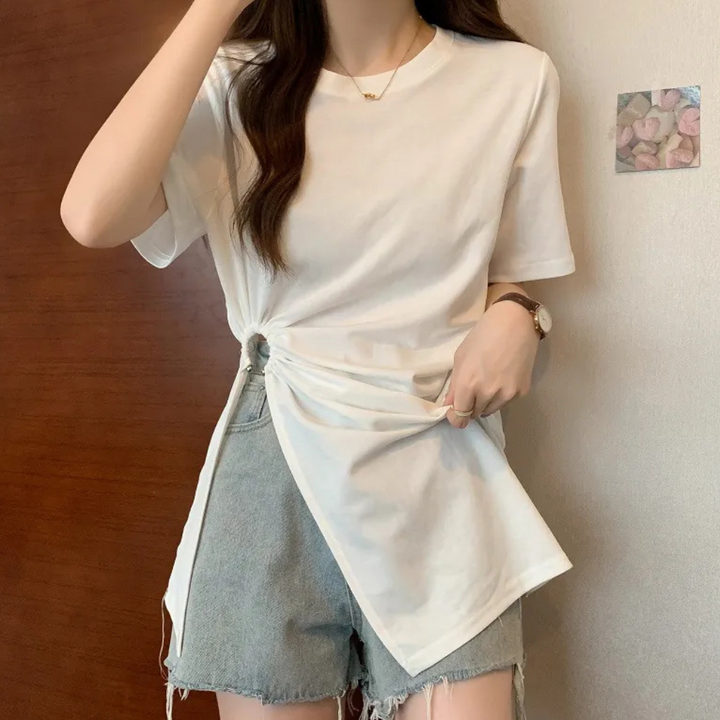 Damen T-Shirt mit seitlicher Raffung und asymmetrischem Design-Luzern Mode
