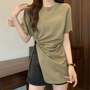 Damen T-Shirt mit seitlicher Raffung und asymmetrischem Design-Grün-XS-Luzern Mode