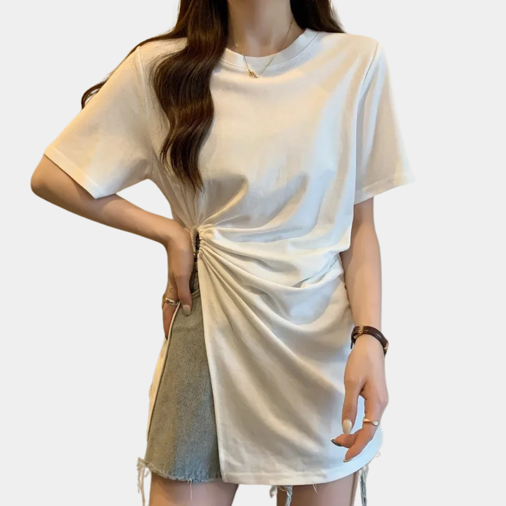 Damen T-Shirt mit seitlicher Raffung und asymmetrischem Design-Luzern Mode