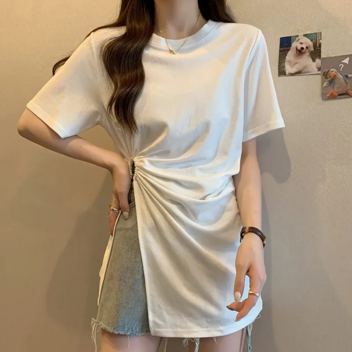 Damen T-Shirt mit seitlicher Raffung und asymmetrischem Design-Weiß-XS-Luzern Mode
