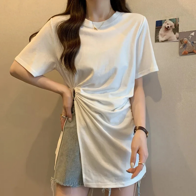 Damen T-Shirt mit seitlicher Raffung und asymmetrischem Design-Weiß-XS-Luzern Mode